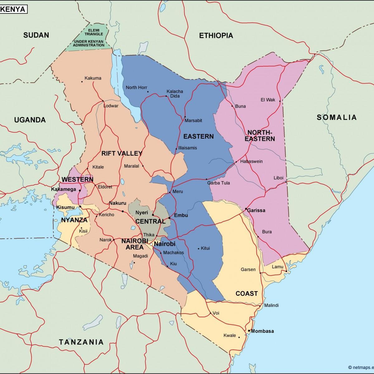 kart over Kenya viser elver
