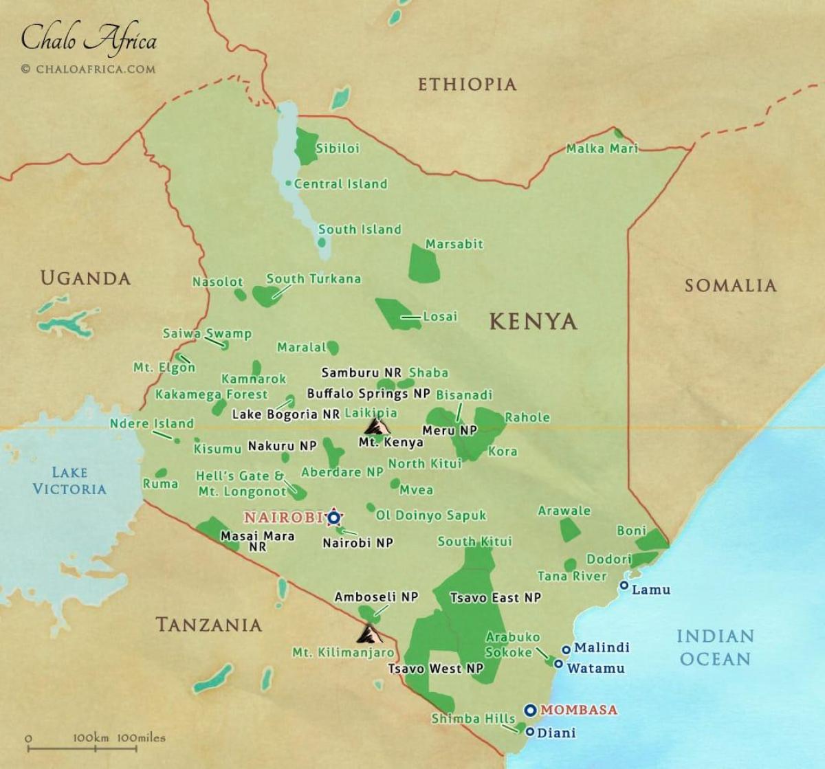 kart over Kenya nasjonalparker og reservater