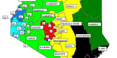 Kart over 47 fylkene i Kenya 